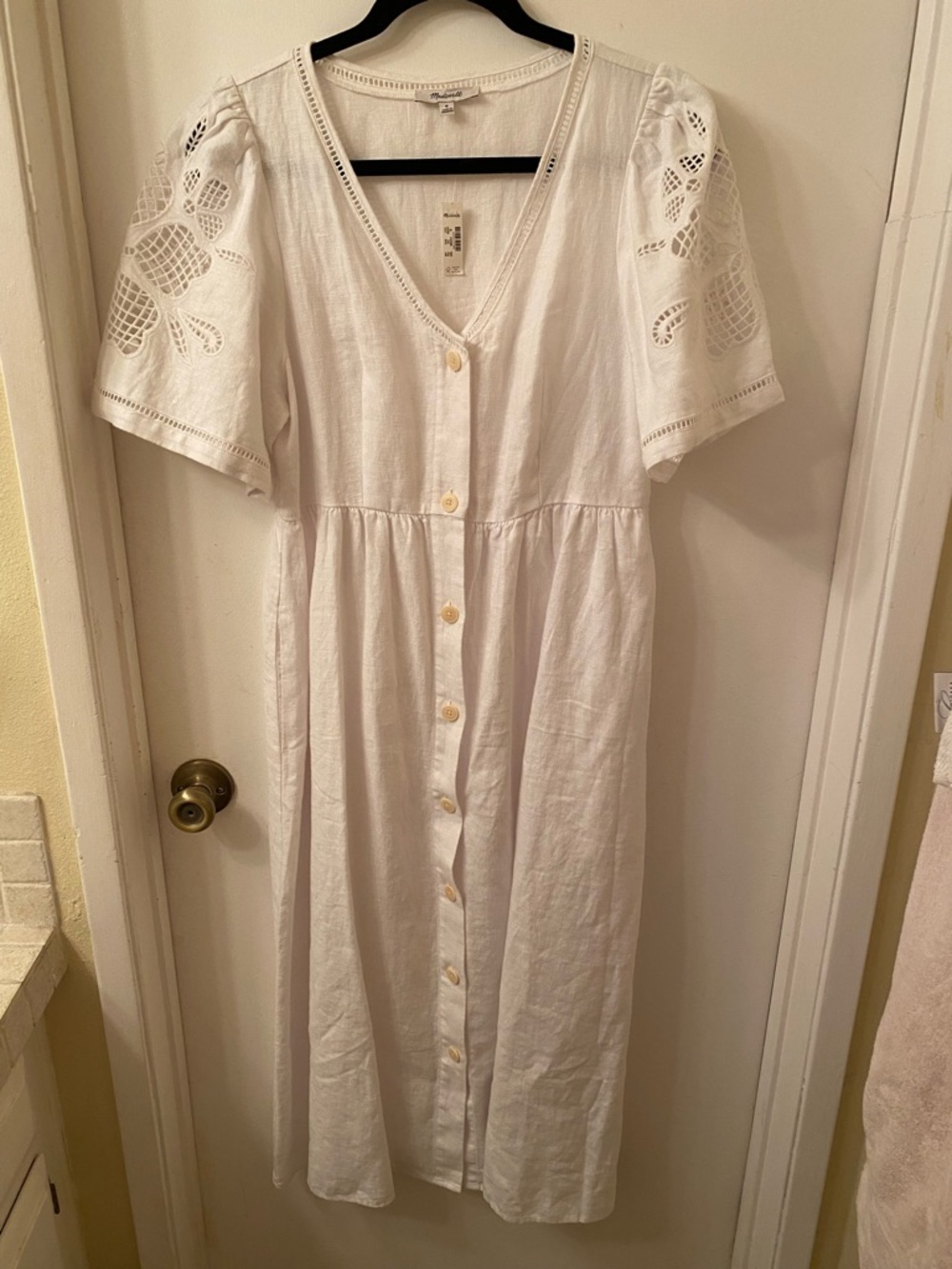 Madewell White Button-Front Midi Dress with Eyelet Puff Sleeves
